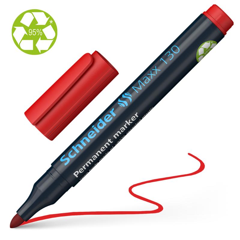 Schneider Maxx 130 Red permanent marker with bullet tip, ideal for writing on various surfaces, quick-drying, and eco-friendly.