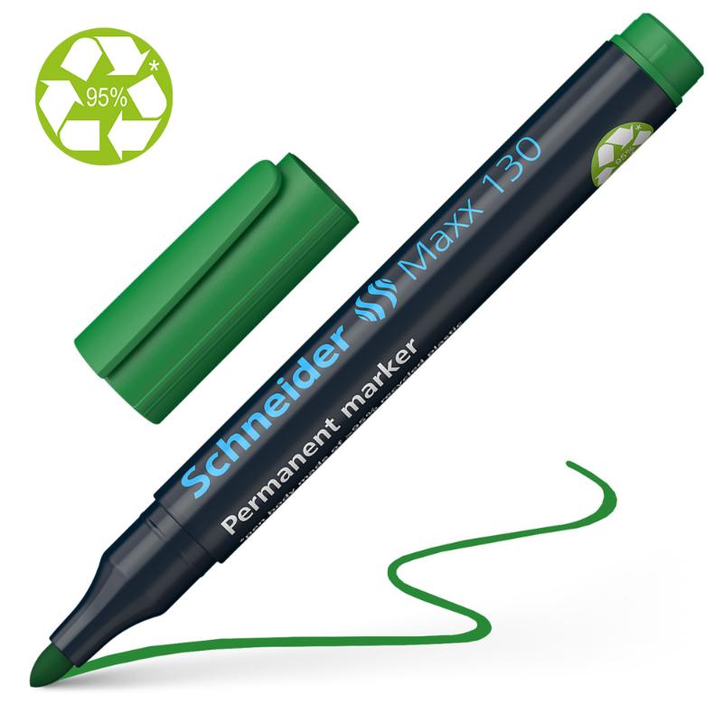 Schneider Maxx 130 green permanent marker with bullet tip, ideal for diverse surfaces and designed for long-lasting, vibrant results.