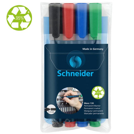 Schneider Maxx 130 assorted permanent marker wallet with four colors, ideal for versatile writing and drawing on various surfaces.