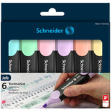 Schneider pastel highlighter set with 6 vibrant colors, chisel tip, and anti-evaporation feature for long-lasting use.