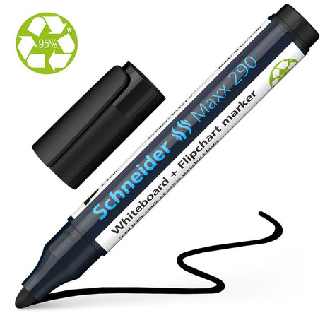 Schneider Maxx 290 black whiteboard marker with a bullet tip, eco-friendly, low-odor, and refillable for sustainability.