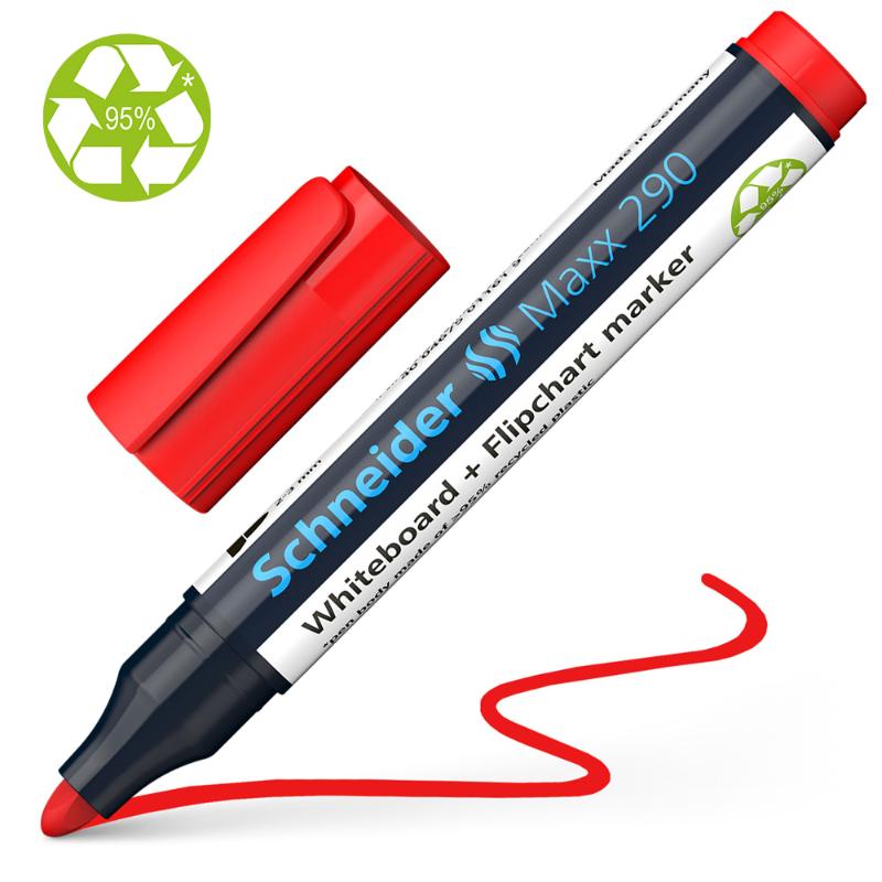 Vibrant red Schneider Maxx 290 whiteboard marker with a bullet tip, eco-friendly design, and easy-erase ink.