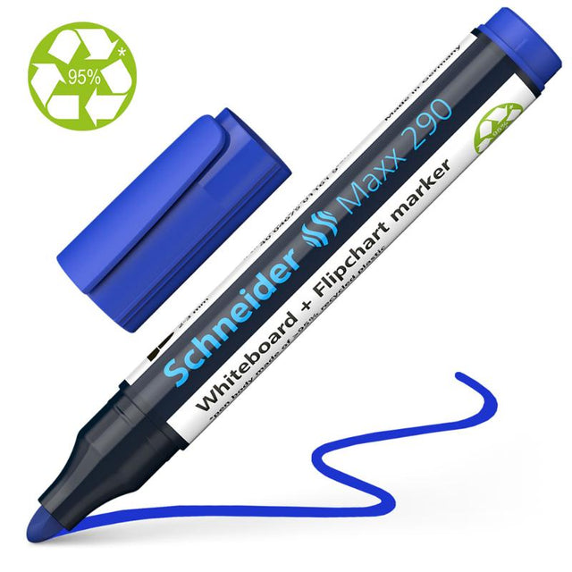 Schneider Whiteboard Marker Maxx 290 Blue with bullet tip, vibrant blue ink, refillable, low-odour, eco-friendly housing.