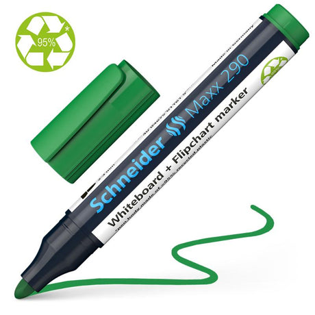 Vibrant green Schneider Maxx 290 whiteboard marker with bullet tip, low-odour ink, and eco-friendly design.