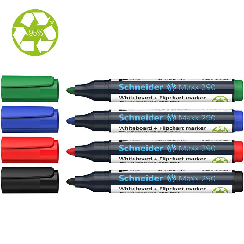 Set of 4 Schneider Maxx 290 whiteboard markers in vibrant colors, featuring cap-off technology and eco-friendly packaging.