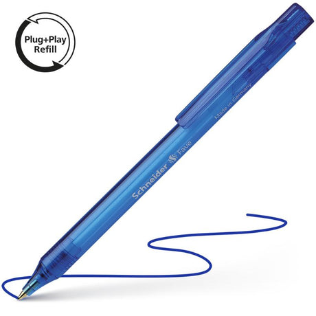 Schneider Fave Blue ballpoint pen, featuring a vibrant blue design, replaceable refill, and waterproof ink for clear writing.