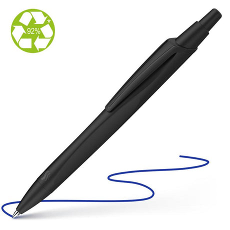 Schneider Reco Ballpoint Pen with sleek black barrel and medium blue ink, eco-friendly and designed for smooth writing.