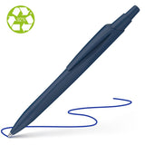 Sleek dark blue barrel Schneider Reco pen with smooth medium blue ink, eco-friendly design and comfortable grip for effortless writing.