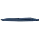 Sleek dark blue barrel ballpoint pen with medium blue ink, eco-friendly design, and comfortable grip for smooth writing.