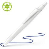 Eco-friendly Schneider Reco ballpoint pen with medium blue ink and dark white barrel, featuring a sleek design and replaceable refill.