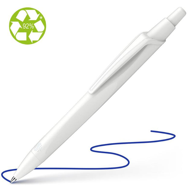 Eco-friendly Schneider Reco ballpoint pen with medium blue ink and dark white barrel, featuring a sleek design and replaceable refill.