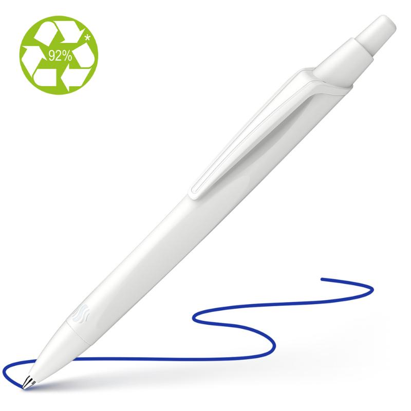 Sleek dark white barrel Schneider Reco ballpoint pen with medium blue ink, eco-friendly design, and replaceable refill.