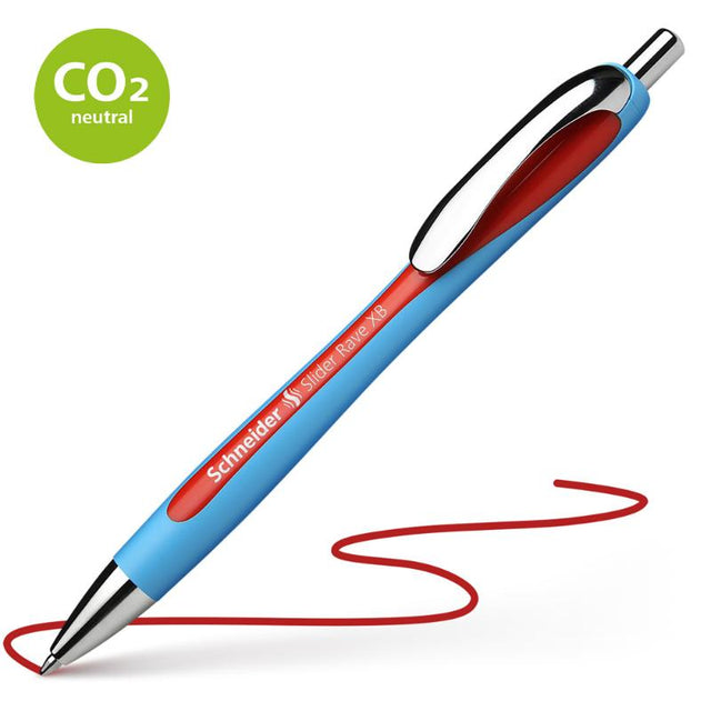 Schneider Slider Rave ballpoint pen in red, featuring smooth writing, ergonomic design, and eco-friendly refillable ink.