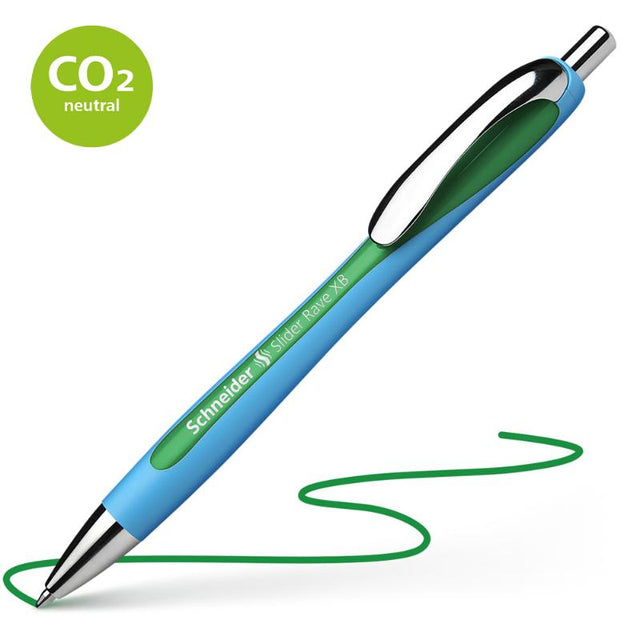 Schneider Slider Rave Extra Broad Green pen showcasing ergonomic design, Viscoglide technology, and eco-friendly refill options.