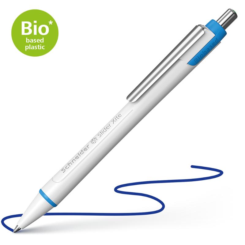 Schneider Slider Xite Extra Broad Blue pen, featuring Viscoglide technology for smooth writing and a eco-friendly design.