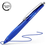 Schneider Haptify ballpoint pen in blue with ergonomic grip, stainless steel tip, and waterproof medium blue ink.