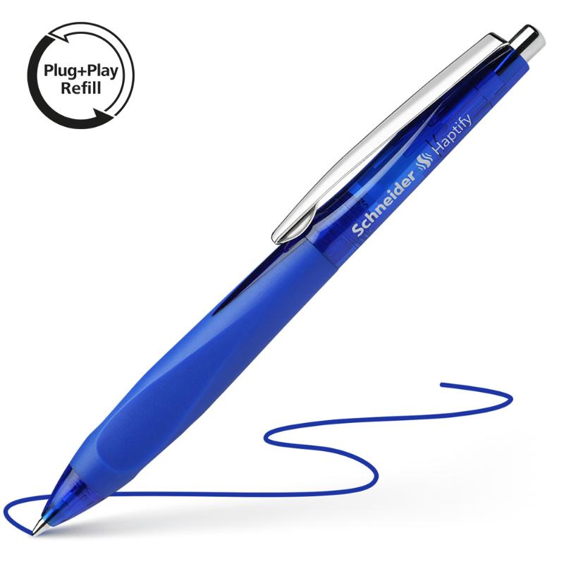 Schneider Haptify ballpoint pen with blue ink, ergonomic grip, stainless steel tip, and replaceable refill system.