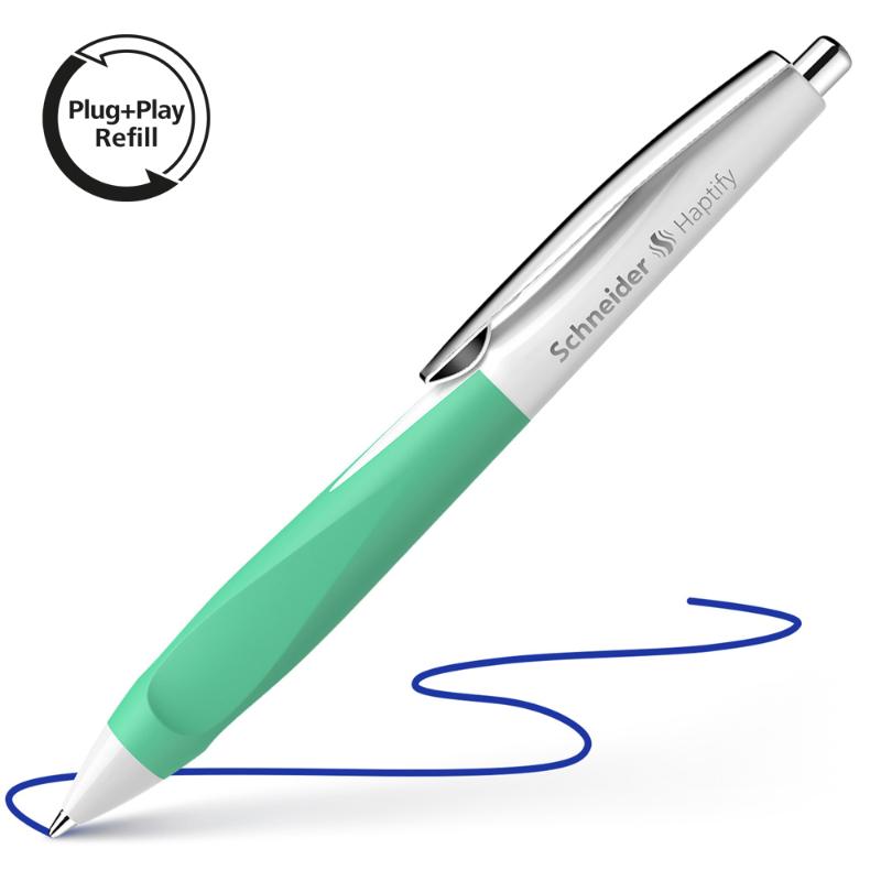 Schneider Haptify medium blue ink ballpoint pen with ergonomic white/mint barrel for smooth, comfortable writing.