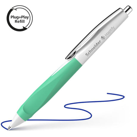 Schneider Haptify medium blue ink ballpoint pen with ergonomic white/mint barrel for smooth, comfortable writing.