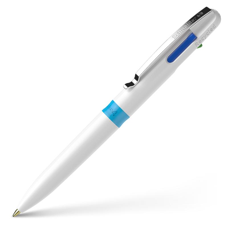 Schneider Take 4 ballpoint pen in white/light blue, featuring 4 colors (black, red, blue, green) and eco-friendly design.