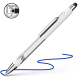 Schneider Epsilon Touch ballpoint stylus pen with blue ink, featuring a sleek white/silver barrel and touchscreen compatibility.