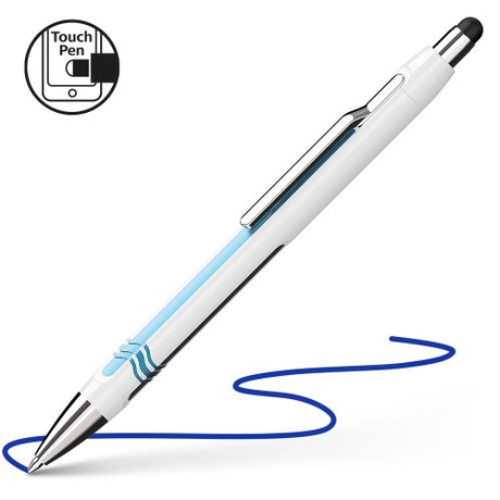 Schneider Epsilon Touch pen with blue ink, white-blue barrel, soft touch tip for precise screen navigation, and smooth writing.