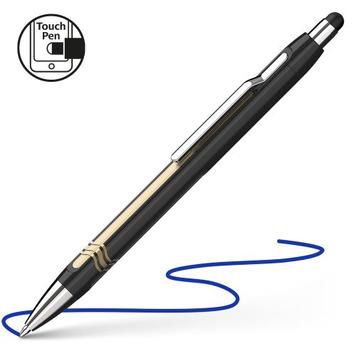 Schneider Epsilon Touch stylus pen in black and gold, featuring smooth Viscoglide ink and a versatile capacitive screen tip.