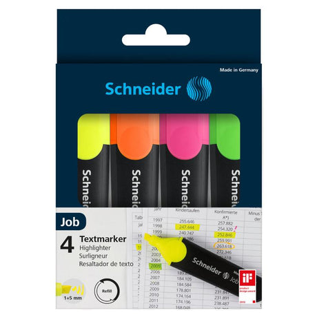 Schneider Highlighter Job assorted wallet featuring yellow, orange, pink, and green highlighters with chisel tips for versatile highlighting.