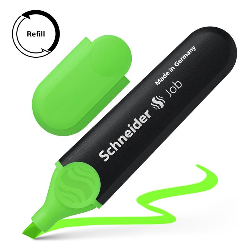 Green Schneider highlighter featuring a chisel tip for dual line widths, anti-evaporation barrel, and refillable ink reservoir.