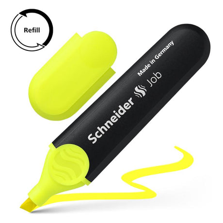 Schneider Highlighter Job Yellow features a chisel tip for 1-5 mm lines, designed for vibrant highlighting and easy refill.