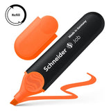 Vibrant orange Schneider highlighter with chisel tip, dual line widths, refillable design, and anti-evaporation barrel.