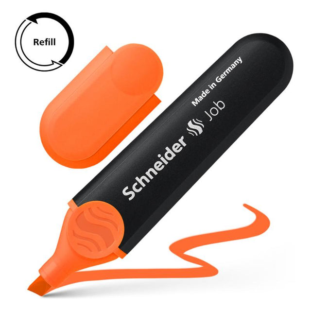 Vibrant orange Schneider highlighter with chisel tip, dual line widths, refillable design, and anti-evaporation barrel.