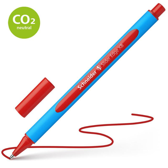 Schneider extra broad red ballpoint pen with rubberized barrel, Viscoglide technology for smooth writing, and CO2 neutral production.