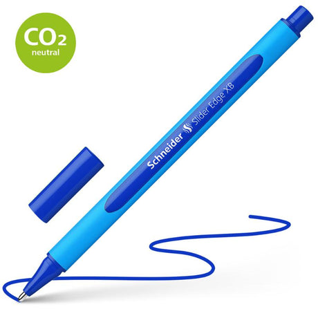 Schneider Slider Edge Extra Broad Blue pen, featuring smooth Viscoglide technology, rubberized barrel, and quick-drying ink.