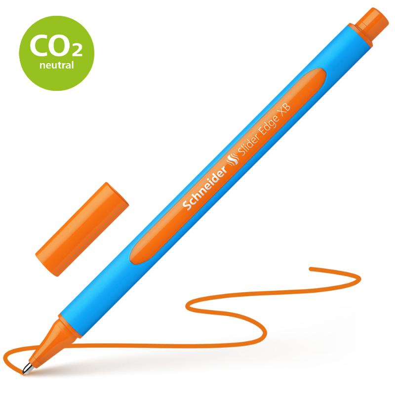 Vibrant orange Schneider Slider Edge ballpoint pen with extra bold ink, featuring a comfortable grip and smudge-proof, quick-drying ink.