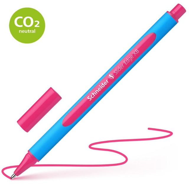 Schneider Slider Edge pink ballpoint pen with extra broad ink, smooth writing, ergonomic grip, and eco-friendly design.