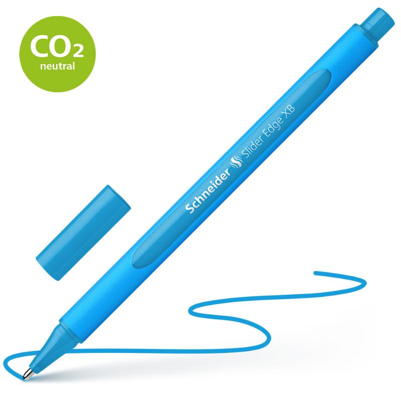 Light blue Schneider ballpoint pen with ergonomic grip, smooth writing technology, and CO2 neutral production for sustainable use.