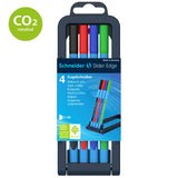 Set of 4 Schneider Slider Edge XB ballpoint pens in black, red, blue, and green with smooth writing and eco-friendly features.