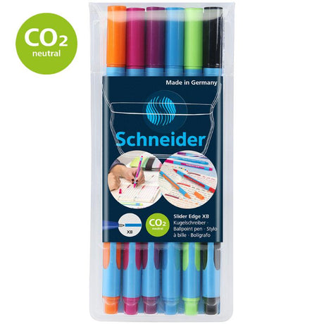 Schneider Slider Edge XB ballpoint pens in 6 vibrant colors, featuring ergonomic design and smooth, quick-drying ink.