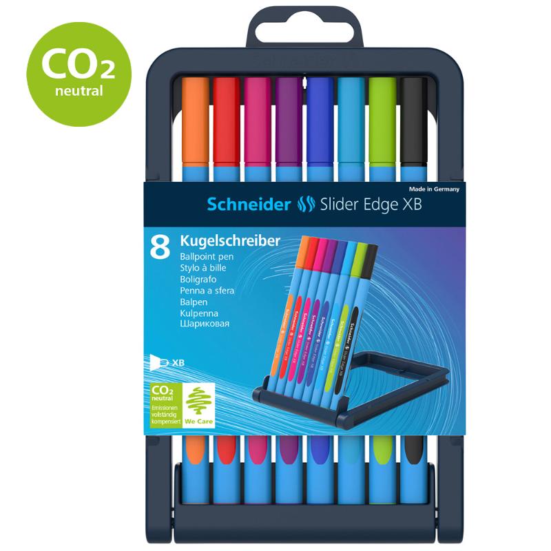 Assorted set of 8 Schneider Slider Edge XB ballpoint pens with ergonomic design, Viscoglide technology, and eco-friendly case.