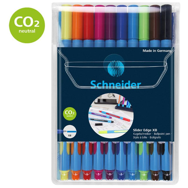 10-pack of Schneider Slider Edge XB ballpoint pens in vibrant colors, featuring smooth writing and ergonomic design.