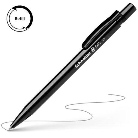 Schneider Mechanical Pencil 565 in black, featuring a slim design, retractable lead tube, and integrated eraser for precision writing.