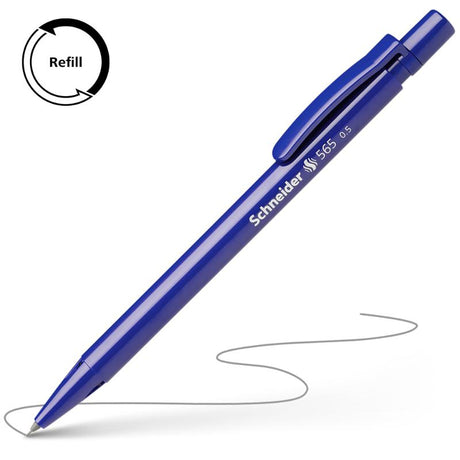 Schneider Mechanical Pencil 565 in blue, featuring 0.5mm HB leads, retractable tube, and integrated eraser for precision writing.