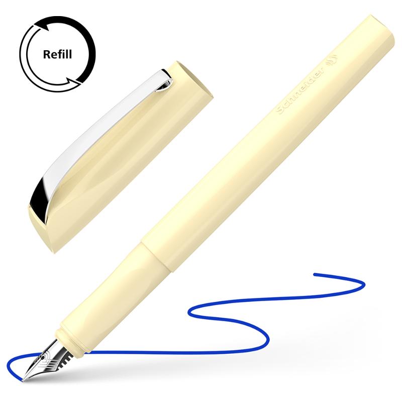 Schneider Ceod Fountain Pen in Sun Wash color with ergonomic grip, stainless steel nib, and erasable royal blue ink cartridges.