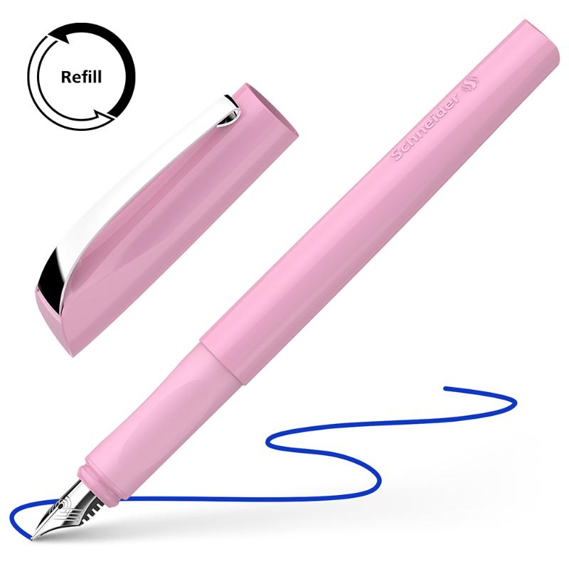 Cotton Candy-colored Schneider Fountain Pen with ergonomic grip, stainless steel nib, and smooth ink flow for elegant writing.