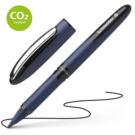 Schneider Rollerball One Business pen in black with 0.6mm tip, featuring smooth writing, cap-off technology, and ergonomic grip.