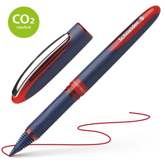 Schneider Rollerball One Business 0.6mm pen in red, featuring ultra-smooth writing, ergonomic grip, and large ink reservoir.