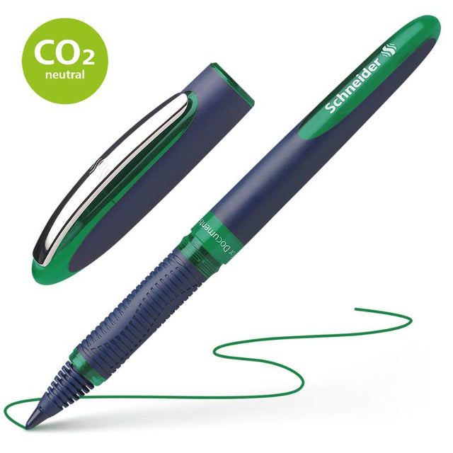 Schneider Rollerball One Business 0.6mm Green pen with ergonomic grip, sturdy clip, and smooth ink flow for precise writing.