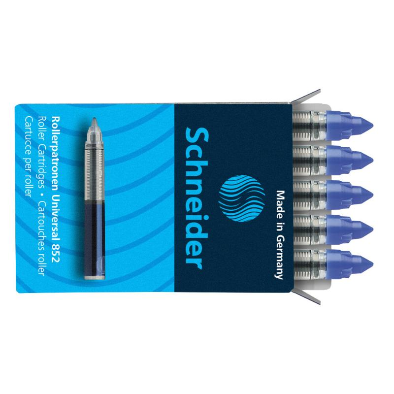 Five blue rollerball cartridges for smooth, precise writing, compatible with various Schneider pen models.