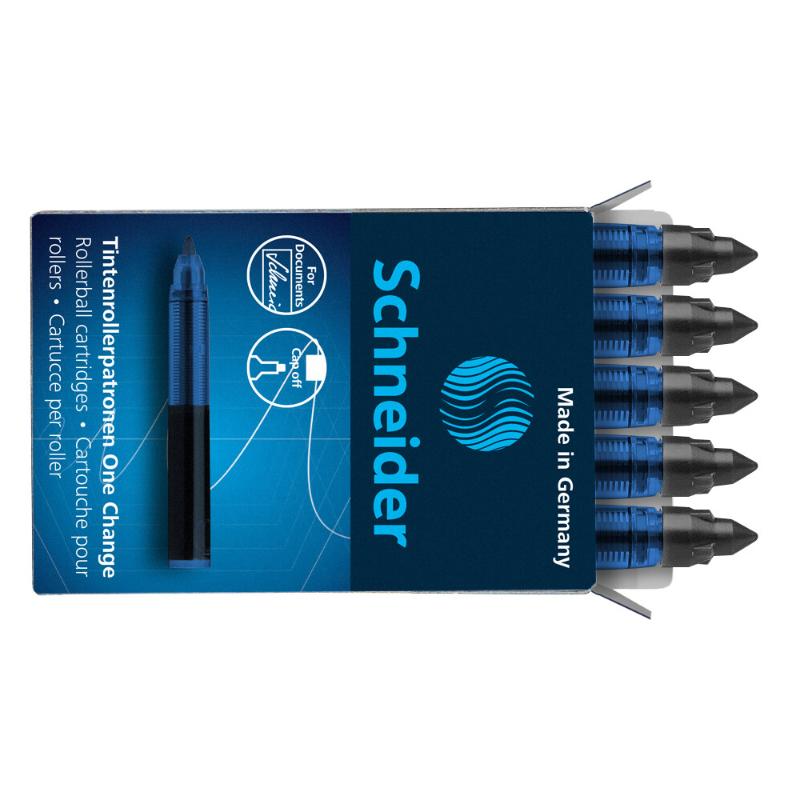 Schneider rollerball refill cartridge box containing 5 black ink cartridges for ultra-smooth, precise writing.